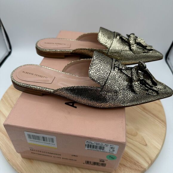 Alberta Ferretti Flat Shoes Womens 36 Gold Leather Mia Mule Slip On Banana - Picture 6 of 10